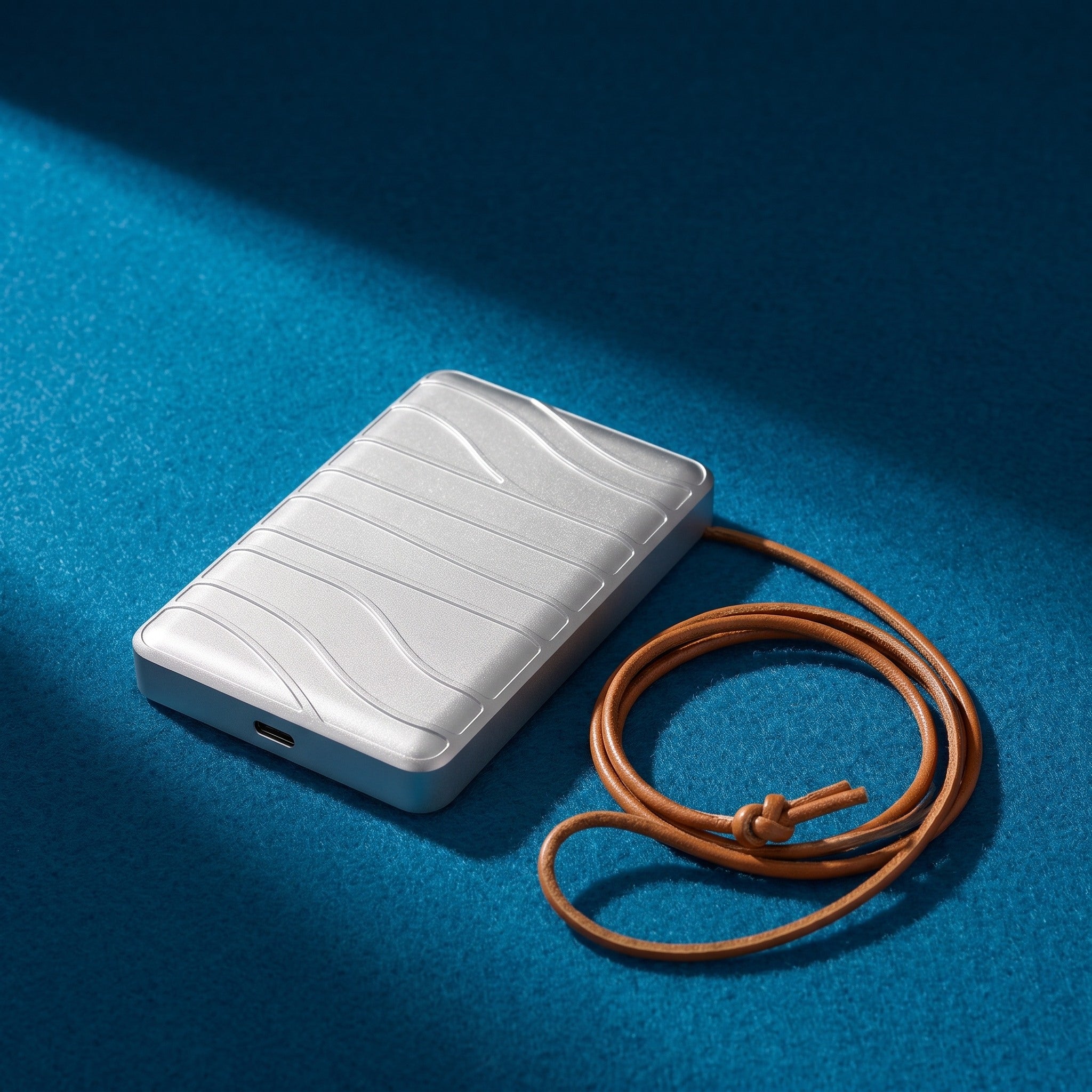 Aria on rich azure felt with a coiled leather cord