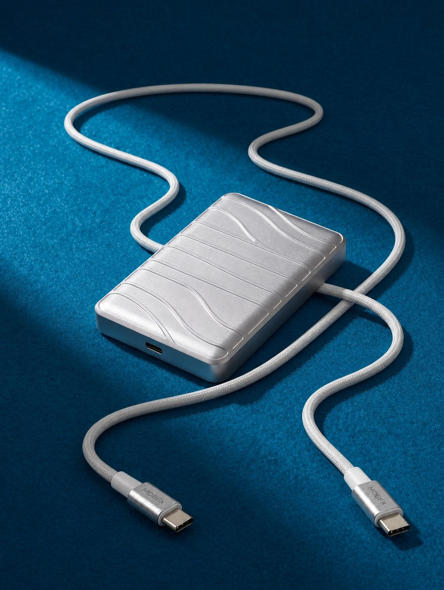 Aria power bank with braided MOBEX USB-C cable on azure felt